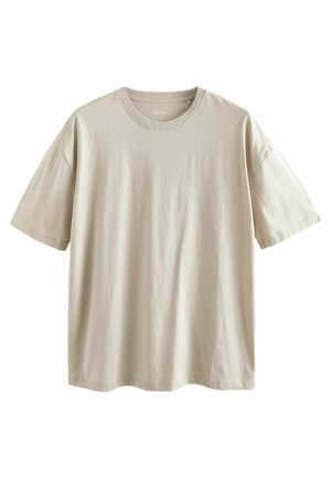 Beige katoenen T-shirt met korte mouwen, ronde halslijn en een ontspannen pasvorm. Glad oppervlak met een eenvoudig ontwerp, zonder zichtbare patronen of accenten.