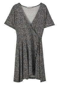 Vestido negro de manga corta, con un patrón floral blanco, un escote en V y una cintura ceñida con un detalle de lazada.