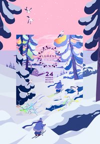 Un emballage illustré coloré mettant en scène des arbres enneigés, des oiseaux et des skieurs sur fond de ciel rose. Le texte comprend "Lumene Finland" et "24 Secrets de Beauté Nordiques."