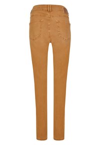 Vaaleanruskeat, slim fit -farkut, joissa on sileä tekstuuri, takataskut ja merkkipainatus vyötärönauhassa.