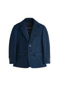 Marineblå skræddersyet blazer med notch revers, to foran klaplommer, en brystlomme og lukning med to knapper på hvid baggrund.