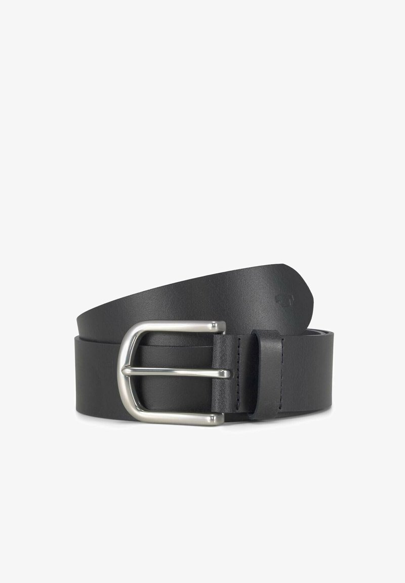 Schwarzer Leder-Gürtel mit glatter Textur, ausgestattet mit einer silbernen Metall-Schnalle und einem einzelnen Dorn zum Verschließen. Sauberes Design, keine Muster.