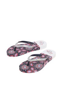 Havaianas ar rakstainu melnu siksniņu, multicolor ziedu dizainu uz zoles un sudraba akcentu siksniņā.