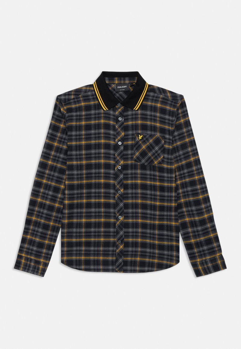 Camisa de manga longa xadrez cinza escuro e amarelo com colarinho preto, destacando riscas amarelas, fecho à frente por botões e bolso no peito com bordado do logótipo.