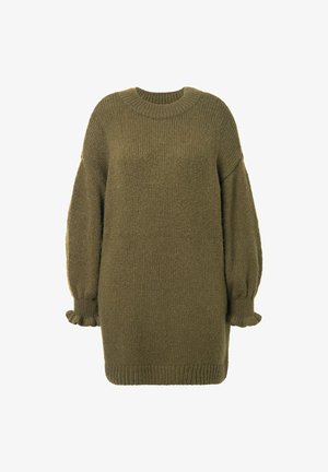 Olivově zelený pletený svetr s kulatým výstřihem, oversized rukávy a volány na manžetách. Texturovaná látka s volným, útulným střihem.