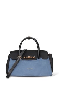 Borsa strutturata blu e nera con texture in suede, dettagli in oro, doppi manici e tracolla regolabile. Logo del marchio visibile sulla parte anteriore.