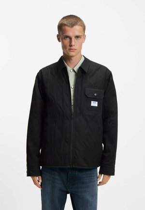 Ung mand iført en sort quiltet lynlåstrøje over en lysegrøn skjorte med knapper og blå jeans, stående mod en ensfarvet hvid baggrund.