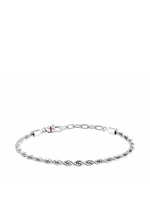Bracciale a catena corda intrecciata in argento con maglie regolabili e chiusura a moschettone su sfondo bianco.
