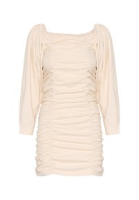 Rochie de culoare crem, cu decolteu pătrat, detalii pliate pe toată suprafața și mâneci lungi și puff. Materialul are o textură netedă și moale.