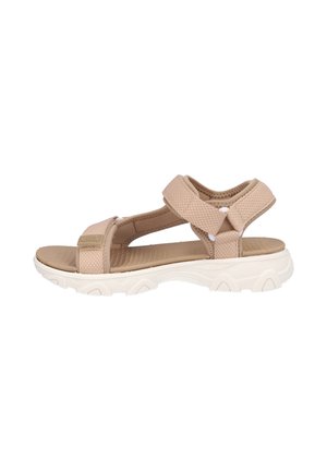 Sandalia deportiva beige con punta abierta, correas ajustables de velcro y suela de goma blanca acolchada diseñada para la comodidad y el uso al aire libre.