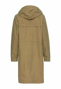 Khaki płaszcz trenczowy z kapturem, o średniej długości, z długimi rękawami z elastycznymi mankietami i detalem kieszeni z tyłu. Gładki, lekki materiał.