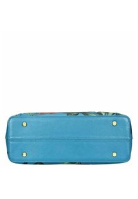 Blauwe leren handtas met een stevige basis en gouden voetjes. Bloemmotief aan de zijkanten. Glad textuur, rechthoekige vorm en contrasterende stiksels.