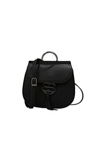 Bolso de hombro de cuero negro con una superficie texturizada, asa circular, correa ajustable y un detalle del logo en la parte frontal. Diseño compacto.