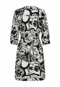 Schwarz-weiß gemustertes Kleid mit floralen Designs, einem Gürtel in der Taille und Dreiviertelärmeln. Die Rückansicht zeigt einen glatten Rundhalsausschnitt.