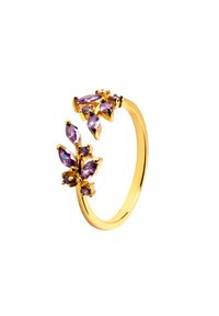 Anello d'oro con una fascia sottile decorato con gemme viola dalle forme marquise e rotonde, progettato in un elegante motivo floreale con robuste griffe metalliche.