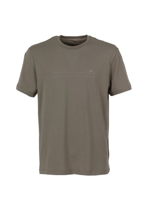 Olijfgroene crew neck t-shirt gemaakt van zachte katoen. Heeft een subtiele reliëf logo-ontwerp op de borst in een iets lichtere tint.