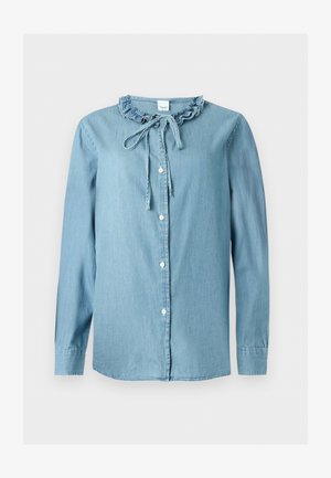 Lichtblauw denim overhemd met lange mouwen, knoopsluiting aan de voorkant, ruches aan de kraag en een strikdetail bij de halslijn.