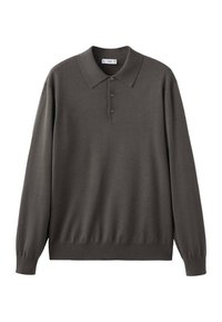 Ciemnoszara koszulka polo z długim rękawem, klasycznym kołnierzykiem, plisą na trzy guziki, ściągaczami na mankietach oraz gładką, dzianą fakturą.