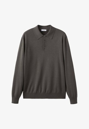 Dark gray long-sleeve polo shirt with a classic collar, three-button placket, ribbed cuffs, and a smooth, knit texture.