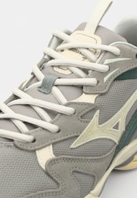 Pantofii sport gri, confecționați din materiale din plasă și suede, cu șireturi albe, un accent verde, un logo distinctiv și o suprafață texturată.