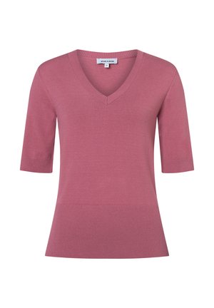 Rosa pinkes kurzärmeliges Strickoberteil mit V-Ausschnitt und geripptem Saum und Bündchen, Größe Medium, schlichtes Design ohne Muster oder Verzierungen.