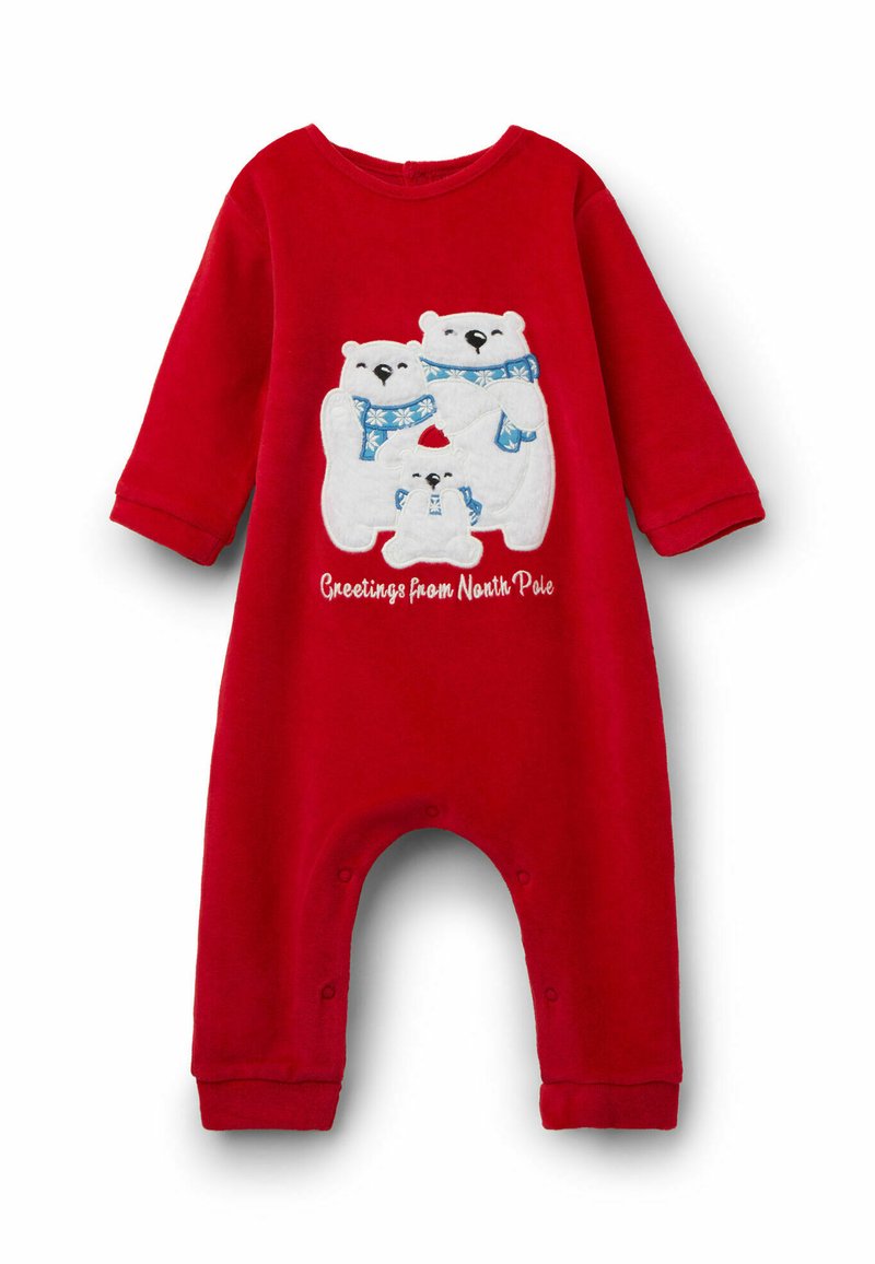 Un body rouge en coton à manches longues, orné d'ours polaires brodés avec des écharpes bleues et du texte « Salutations du Pôle Nord. »