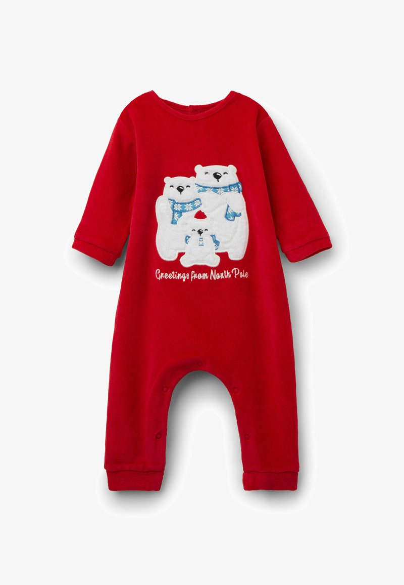 Un body rouge en coton à manches longues, orné d'ours polaires brodés avec des écharpes bleues et du texte « Salutations du Pôle Nord. »