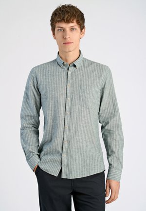 Camicia a righe verde chiaro con colletto, taschino sul petto, maniche lunghe, dotata di bottoni in legno e una vestibilità comoda.