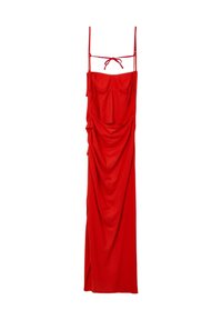 Rotes Kleid mit Spaghettiträgern und gebundenem Ausschnitt. Ausgestattet mit drapiertem Stoff und einem seitlichen Schlitz für mehr Bewegungsfreiheit. Glatte Textur, bodenlänglich.