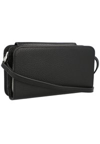 Black leather wallet with textured finish, zip closure, and detachable strap. Features a sleek rectangular shape and minimalist design.