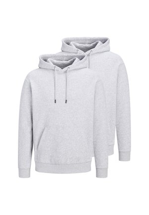To ensfarvede lysegrå hættetrøjer med frontlommer og snore i hætten, vist mod en hvid baggrund.