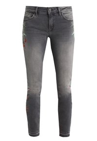 Šedé džíny z denimu s květinovou výšivkou v červené a zelené barvě, slim fit, s vybledlým umytím a klasickým pětipocket designem.