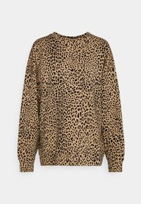 Sudadera de estampado de leopardo, fondo color marrón claro con manchas negras, cuello redondo, mangas largas, puños y dobladillo acanalados, textura de tela suave.
