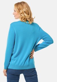 Türkis gestrickter Pullover mit langen Ärmeln, gerippten Bündchen und Saum. Weiche Textur und lockere Passform, Rückansicht gezeigt.