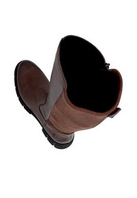 Brown leather boot with ribbed textile upper, rounded toe, and black rubber sole. Features a zip closure and pull tab for easy wear.