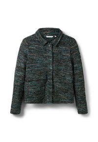 Veste pour femme à manches longues et col avec boutons, présentant un motif en tweed texturé bleu, noir et gris, et deux poches avant.