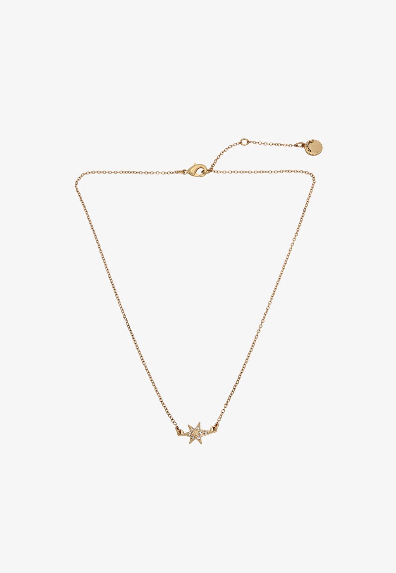 Gold-tone necklace with a star pendant, featuring small embedded stones, chain design with a lobster clasp and adjustable length.