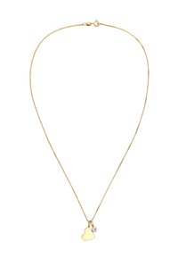 Goldene Halskette mit einer zarten Kette, ausgestattet mit einem herzförmigen Anhänger und einem kleinen runden Akzentstein in der Nähe des Anhängers.