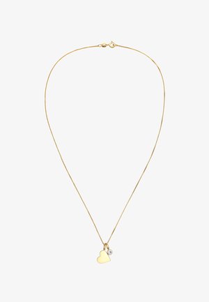 Zlatna ogrlica s delikatnim lancem, koja sadrži privjesak u obliku srca i malu okruglu akcentnu kamenčić blizu privjeska.