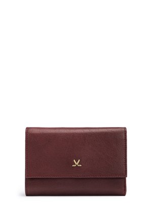 Dunkelbraune Lederbrieftasche mit einem kleinen goldenen Emblem gekreuzter Hockeyschläger in der Mitte der vorderen Klappe.