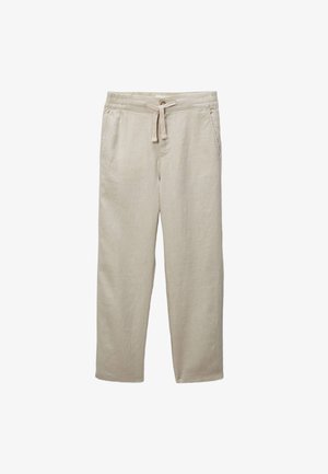 Pantalons en mélange de lin beige avec une taille élastique, fermeture à cordon, poches latérales et coupe droite. Texture lisse, sans motifs.