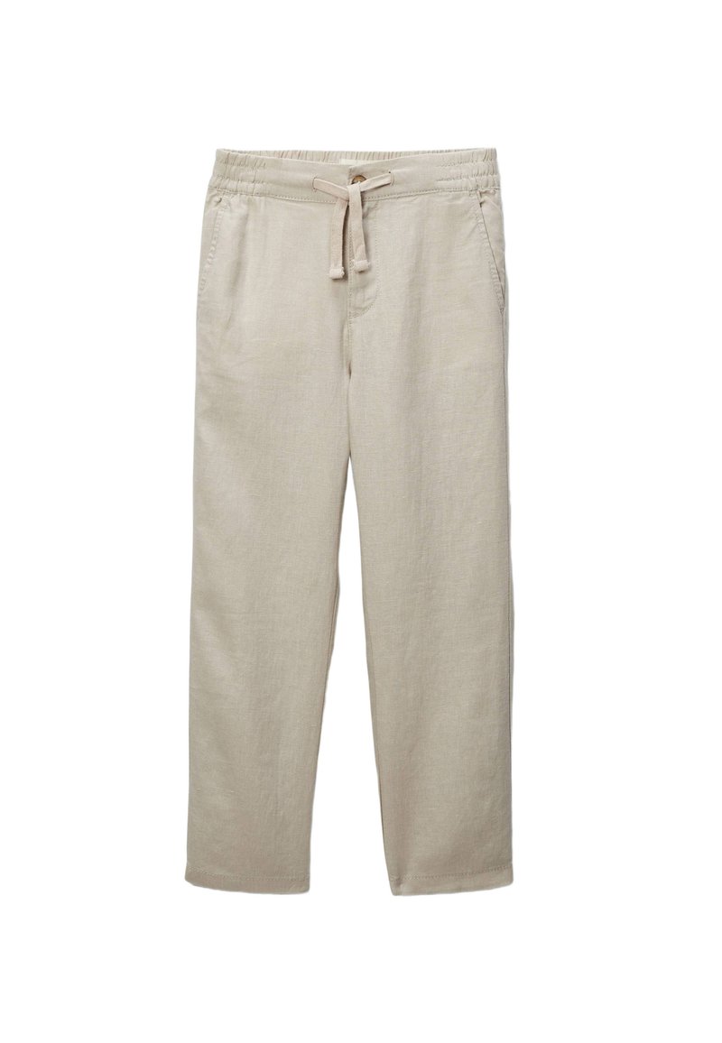 Pantalons en mélange de lin beige avec une taille élastique, fermeture à cordon, poches latérales et coupe droite. Texture lisse, sans motifs.