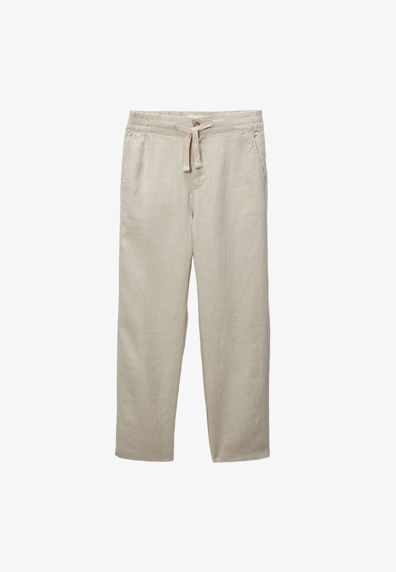 Pantalons en mélange de lin beige avec une taille élastique, fermeture à cordon, poches latérales et coupe droite. Texture lisse, sans motifs.