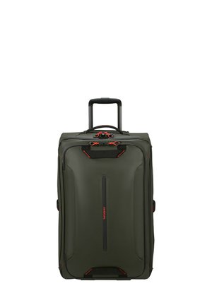 Green suitcase with black accents, featuring a telescopic handle, top carry handle, and a zippered front pocket. Textured surface.