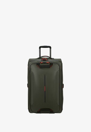 Green suitcase with black accents, featuring a telescopic handle, top carry handle, and a zippered front pocket. Textured surface.