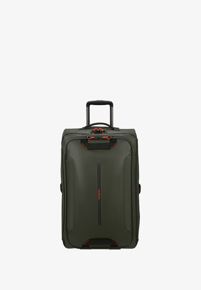 Grüne Koffer mit schwarzen Akzenten, ausgestattet mit einem teleskopischen Griff, einem Tragegriff oben und einer Reißverschluss-Vordertasche. Strukturierte Oberfläche.