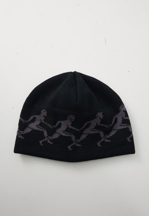 Black knitted beanie with a pattern of four dark gray running human figures holding hands encircling the hat.