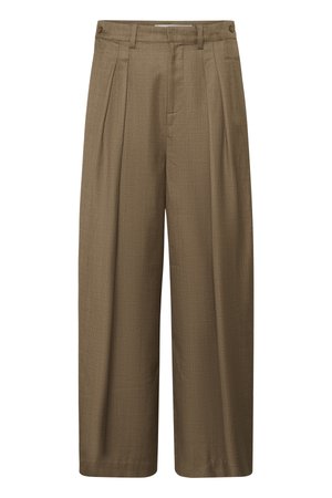 Καφέ παντελόνι με φαρδιά μπατζάκια με πιέτες μπροστά, θηλιές για ζώνη και πλευρικά κουμπιά στη μέση, κατασκευασμένο από υφή υφάσματος.