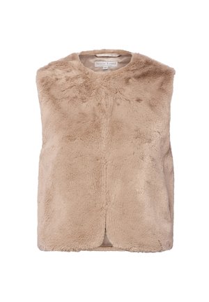 Gilet en fausse fourrure beige avec un col rond, sans manches et une texture lisse. L'avant n'a pas de fermetures, offrant un design minimaliste.