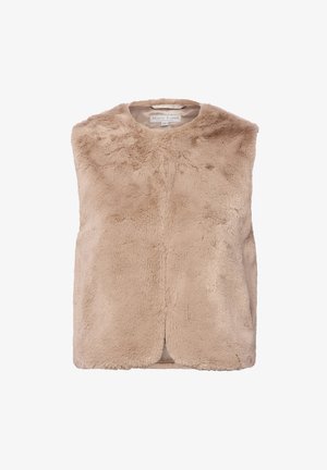 Beige Kunstfell-Weste mit rundem Ausschnitt, ohne Ärmel und glatter Textur. Die Vorderseite hat keine Verschlüsse und bietet ein minimalistisches Design.